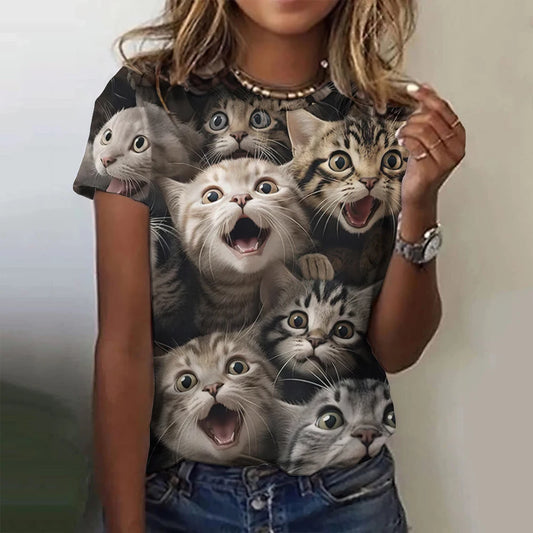 2024 New Fashion Ladies Street Hipster 3d Abstract Cartoon Cat T Shirts Casual Short Sleeve O-Neck Loose Tops Summer Size Tees