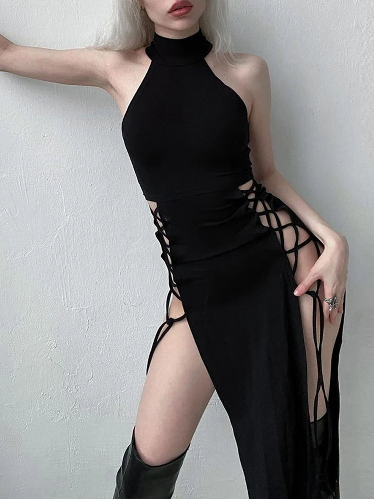 Goth Dark Cosplay High Split Sexy Bandage Women Dresses Y2K Mall Gothic Halter Slim Midi Dress Black Grunge Style Alt Partywear