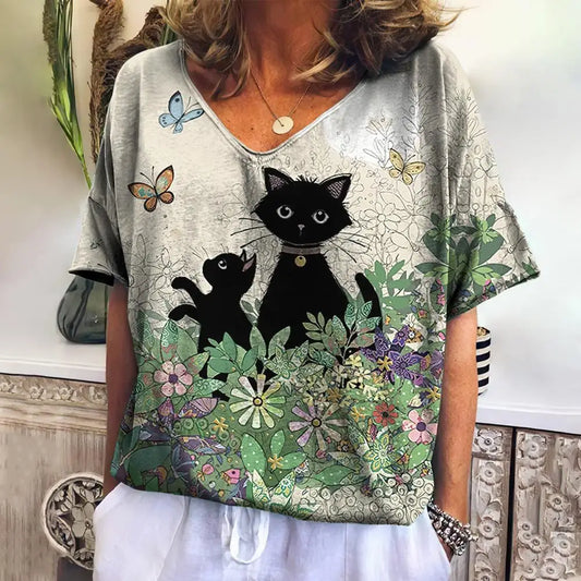 Retro Women T Shirts Cartoon Cat Graphic Girls Clothing Large Size V Neck Short Sleeve Tee Summer Fashion Casual Female Clothing