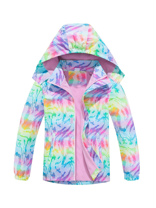 Girls Rainbow Camo Rain Jacket For Kids Waterproof Coat With Removable Hood Lightweight Hooded Fleece Lined Raincoats Windbreakers
