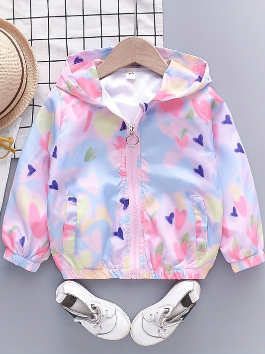 Toddler Girls Tie Dye Heart Graphic Hooded Jacket Zipper Casual Coat Outerwear Top Kids Clothes