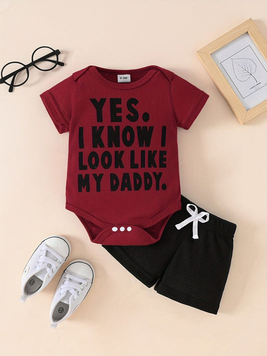 2pcs Baby's "I Look Like My Daddy" Print Summer Set, Short Sleeve Onesie & Casual Shorts, Baby Boy's Clothing