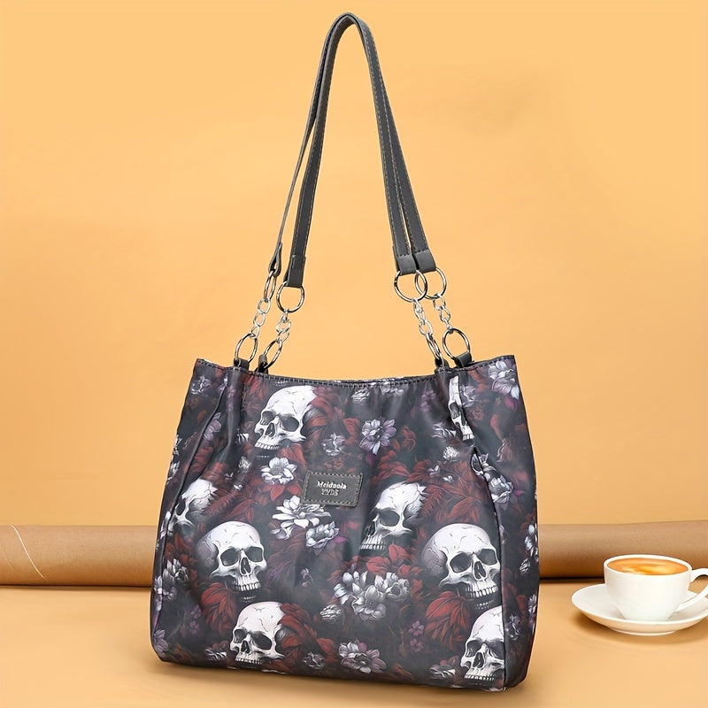 Trendy Floral Skull Tote Bag, Women's Shoulder Bag, Large Capacity Fashionable Handbag