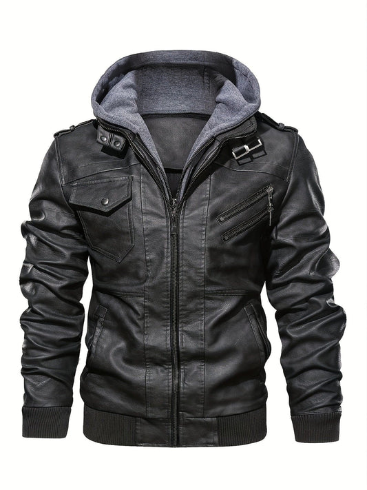 Men's Casual Hooded PU Leather Jacket, Chic Multi Pocket Biker Soft-shell Jacket