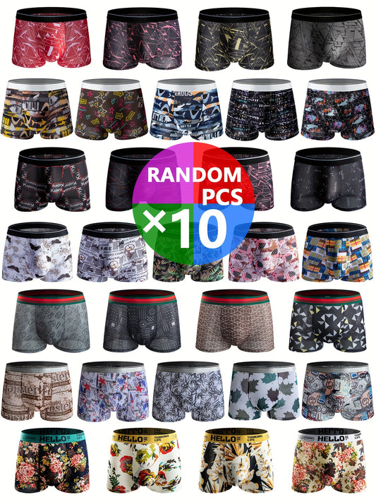 Random 10pcs Fashion Print Men's Ice Silk Boxer Briefs, Breathable Comfy Stretchy Boxer Trunks, Sports Shorts, Men's Casual Underwear