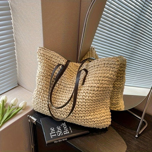Versatile Woven Tote Bag For Women, Boho Style Travel Vacation Beach Bag, Durable Chic Handbag For Work Commute & Daily Use