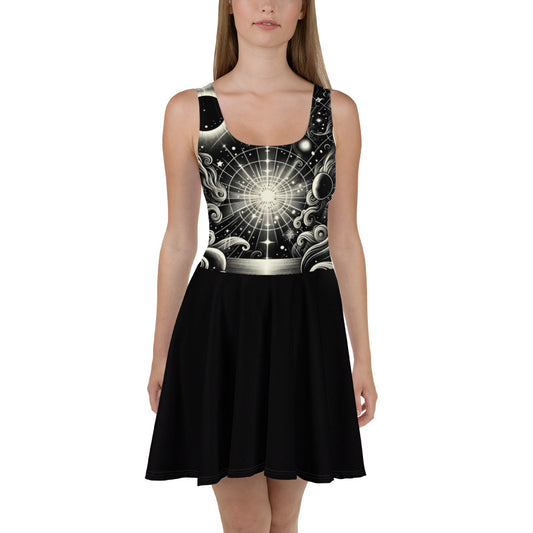 Starry Night Dreamer: Women's Modern Artsy Boho Starry Night Print Skater Dress for a Celestial Vibe