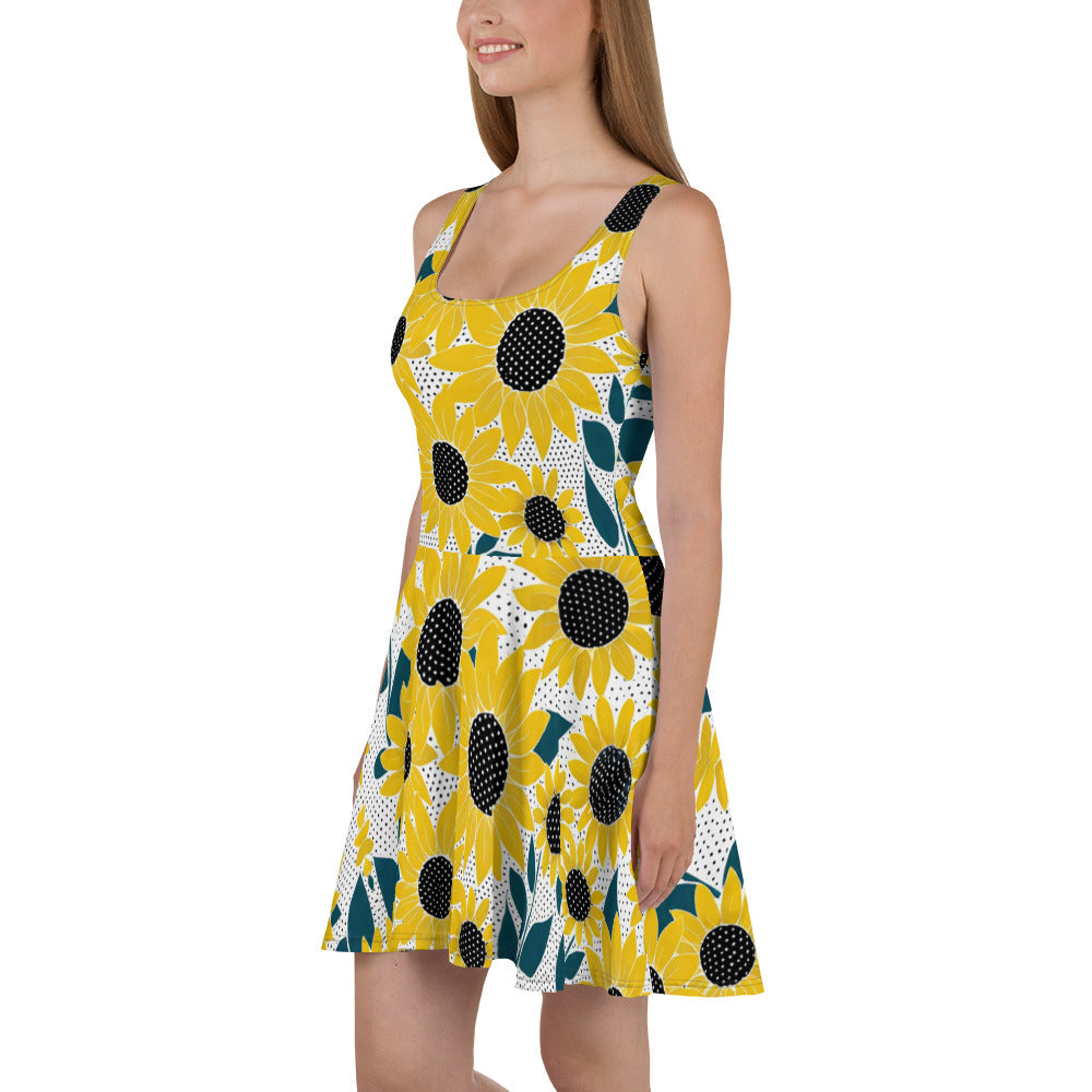 Sunflower Boho Dream: Women's Chic Artsy Boho Sunflower Print Skater Dress for a Bright and Bohemian Style