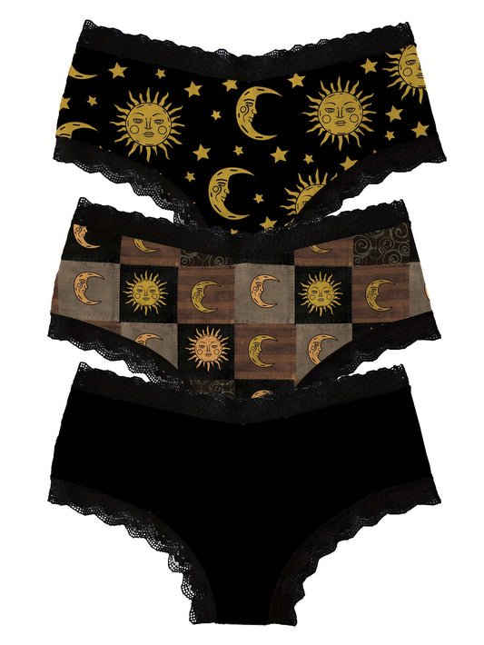3pcs Moon & Sun Print Lace Trim Briefs, Comfy Breathable Stretchy Intimates Panties, Women's Lingerie & Underwear
