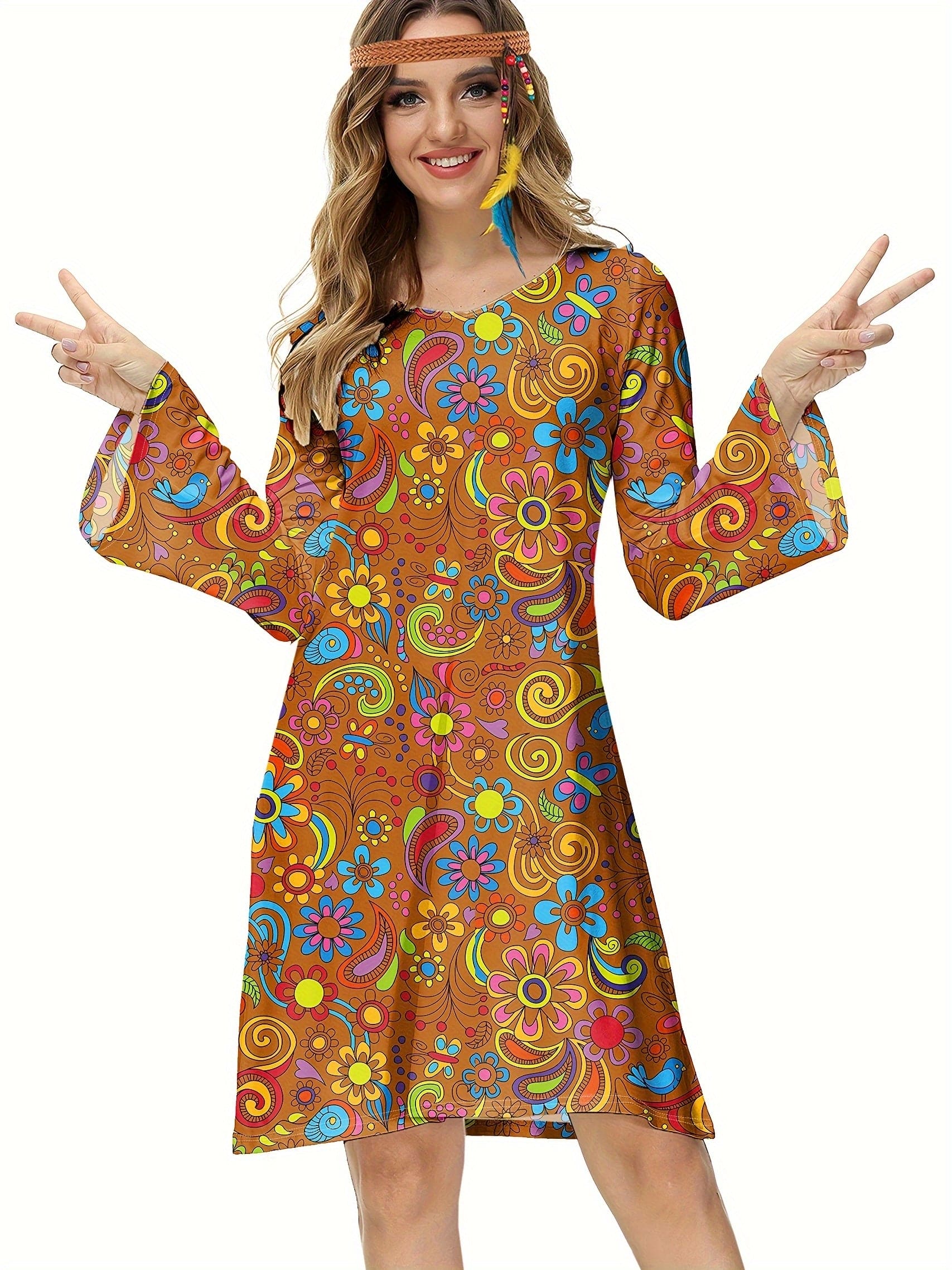 Hippie Floral Print Dress, Vintage V Neck Flared Sleeve Carnival Costume, Women's Clothing