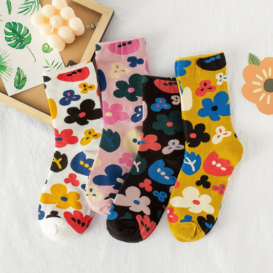 4 Pairs Colorful Floral Socks, Comfy & Breathable Mid Tube Socks, Women's Stockings & Hosiery