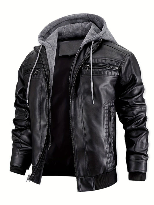 Men's Casual 2 In 1 PU Leather Jacket, Chic Bomber Jacket Biker Jacket With Zipper Pockets
