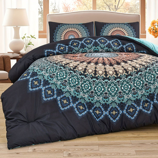 3pcs 100% Microfiber Comforter Set (1*Comforter + 2*Pillowcase, Without Core), Ethnic Style Boho Mandala Pattern Print Bedding Set, Soft Comfortable And Skin-friendly Comforter For Bedroom, Guest Room Decor