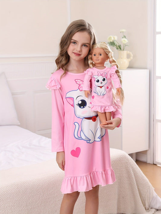 Girls Nightdress Comfortable & Cute Style Princess Pajamas For Girls, Perfect Summer Kids' Loungewear Cartoon Sleep Dress Matching 18 Inch American Doll (doll Not Included)