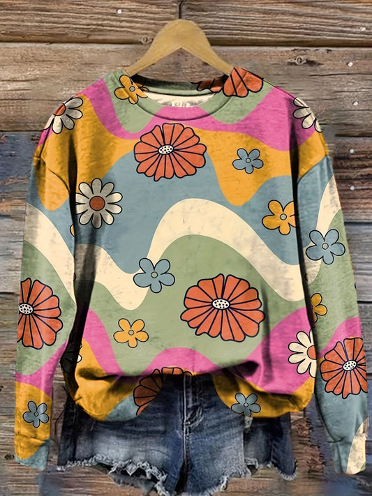 Floral Print Pullover Sweatshirt, Casual Long Sleeve Crew Neck Sweatshirt, Women's Clothing