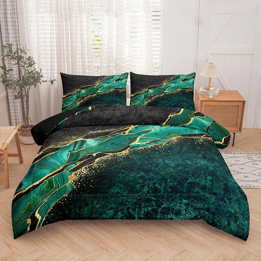 2/3pcs Modern Fashion Luxury Comforter Set, Green Golden Marble Print Bedding Set, Soft Comfortable Comforter, For Bedroom, Guest Room (1*Comforter + 1/2*Pillowcases, Without Core)