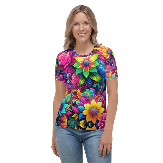 "Boho Bloom: Cute Artsy Retro Colorful Neon Flower Pattern Women's T-Shirt" - AIBUYDESIGN