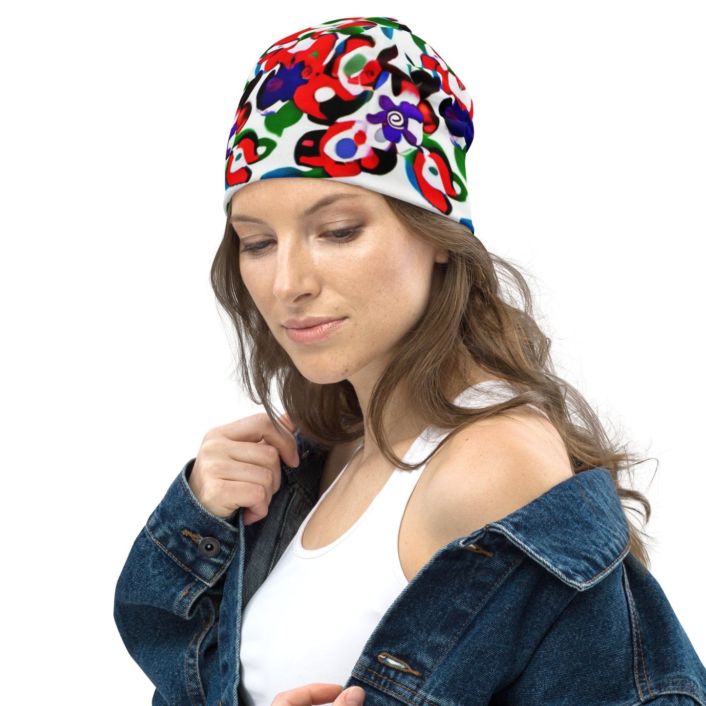 "Boho Blooms: Custom Handcrafted Floral Beanie - Cute & Artsy Women's Headwear" - AIBUYDESIGN
