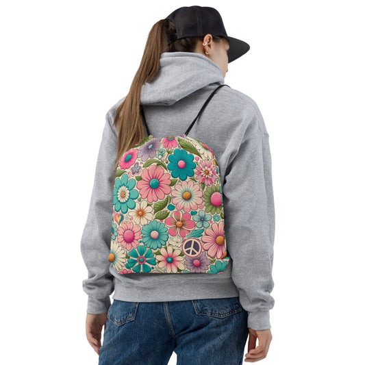 "Boho Blossom Bliss Drawstring Bag: Cute Artsy Colorful Hippy Flower Print" - AIBUYDESIGN