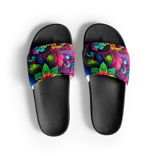 "Boho Blossom Bliss: Women's Cute Artsy Retro Colorful Flowers Slides" - AIBUYDESIGN