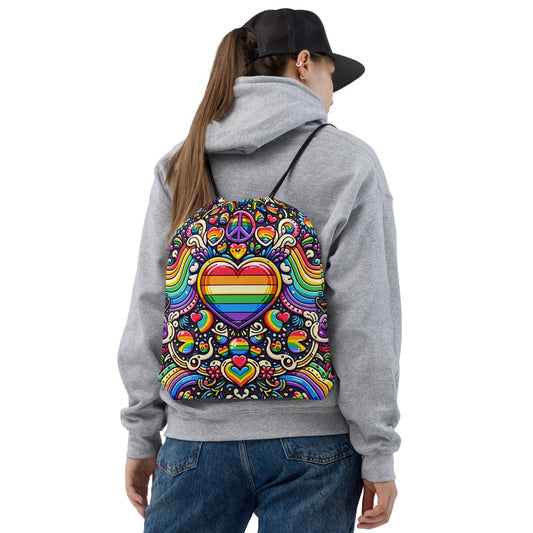 "Boho Heartbeat Drawstring Bag: Cute Artsy Colorful Rainbow Print" - AIBUYDESIGN