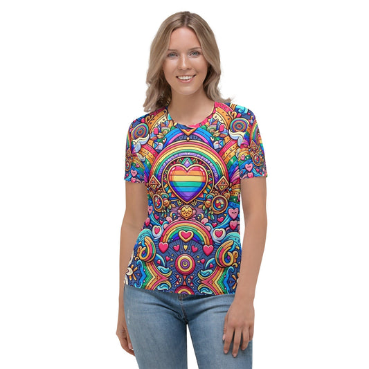 "Boho Rainbow Love: Cute Artsy Retro Rainbow Heart Pattern Women's T-Shirt" - AIBUYDESIGN