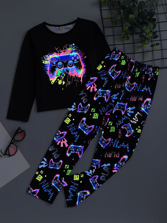 Boys 2-piece Trendy Pajama Sets Luminous Gamepad Pattern Round Neck Long Sleeve Top & Matching Full Print Pants Comfy Casual PJ Sets