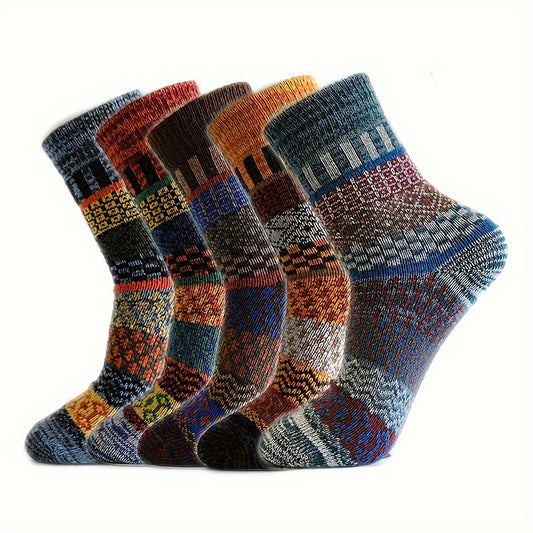 5 Pairs Of Men's Trendy Ethnic Style Thickened Warm Terry Crew Socks, Absorb Sweat Comfy Casual Unisex Socks For Men's Outdoor Wearing, For Winter