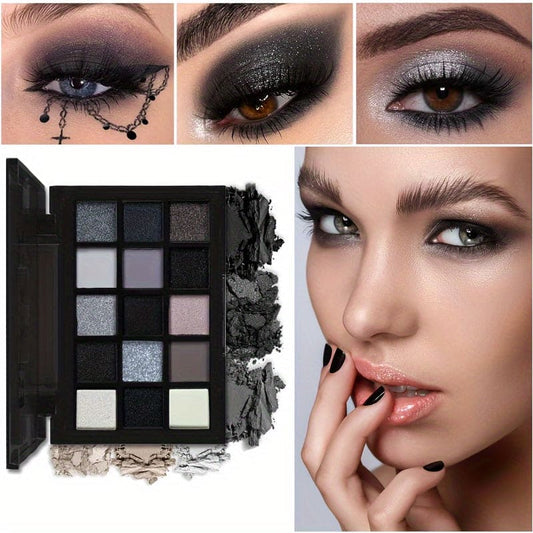 Black Smoky Eyeshadow Palette, 15 Colors Black Dark Grey White Smokey Gothic Style, Soft Matte Shimmer High Pigmented Eyeshadow For Halloween Masquerade Makeup
