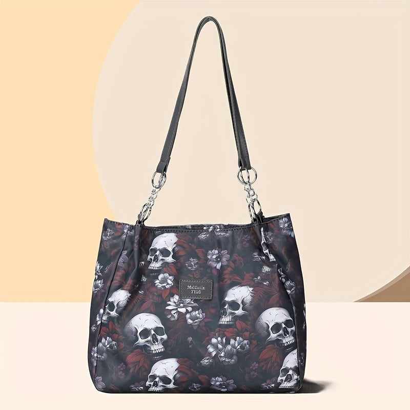 Trendy Floral Skull Tote Bag, Women's Shoulder Bag, Large Capacity Fashionable Handbag