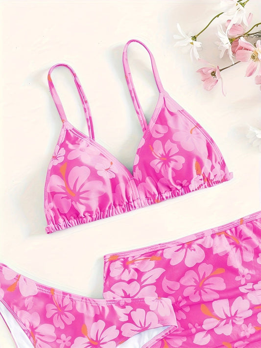 3pcs Girls Sweet Flora Graphic Bikini Swimwear Set - Casual and Cute Bathing Suit for Summer Beachwear