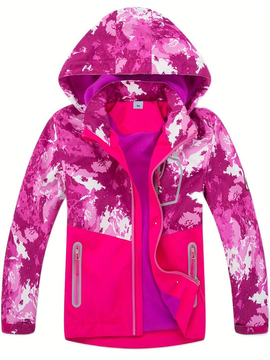 Children's Hooded Jacket With Contrast Color Fleece Lining And Reversed Zipper