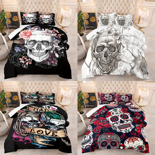 2/3pcs Modern Fashion Comforter Set, Flower Skull Print Bedding Set, Soft Comfortable And Skin-friendly Comforter For Bedroom, Guest Room (1*Comforter + 1/2*Pillowcase, Without Core)
