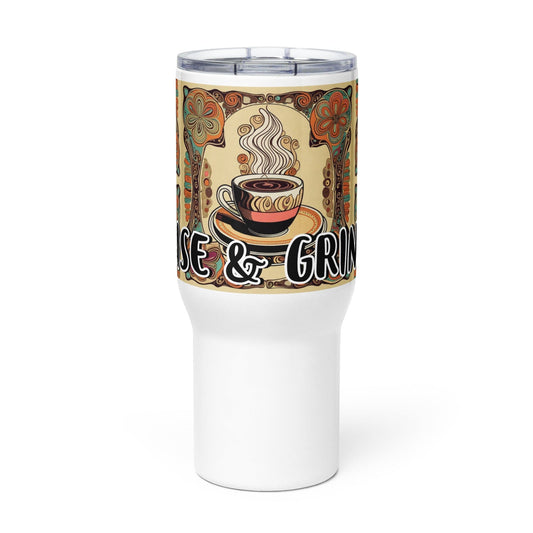 "Caffeine Fuel: Cute Artsy Retro Funny 'Coffee Rise and Grind' Travel Mug" - AIBUYDESIGN