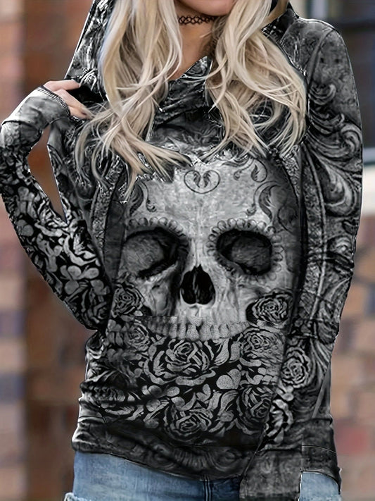 Women's Floral Skull Print Hoodie - Gothic Casual Wear with Crew Neck & Kangaroo Pocket, Comfortable All-Season Knit, Easy Maintenance