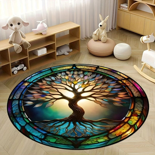 1pc Life Tree Pattern Round Area Rugs, Polyester Fiber Carpet Stain Resistant Non Slip Carpet, Washable Rug For Hotel Living Room Home Decor