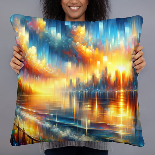 "Cityscape Sunset Glow: Cute Artsy Retro Contemporary City Sunset Print Pillow for Modern Décor" - AIBUYDESIGN