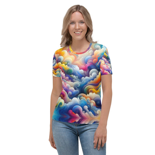 "Cloudy Delight: Cute Artsy Boho Modern Colorful Clouds Print Women's T-Shirt" - AIBUYDESIGN