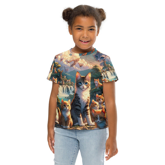 "Cute Anime Cat Planet: Kids' Funny 'Endless Cats' Crew Neck T-Shirt" - AIBUYDESIGN