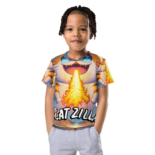 "Cute Kawaii Catzilla: Kids' Funny 'Angry Fire-Breathing Catosaur' Crew Neck T-Shirt" - AIBUYDESIGN