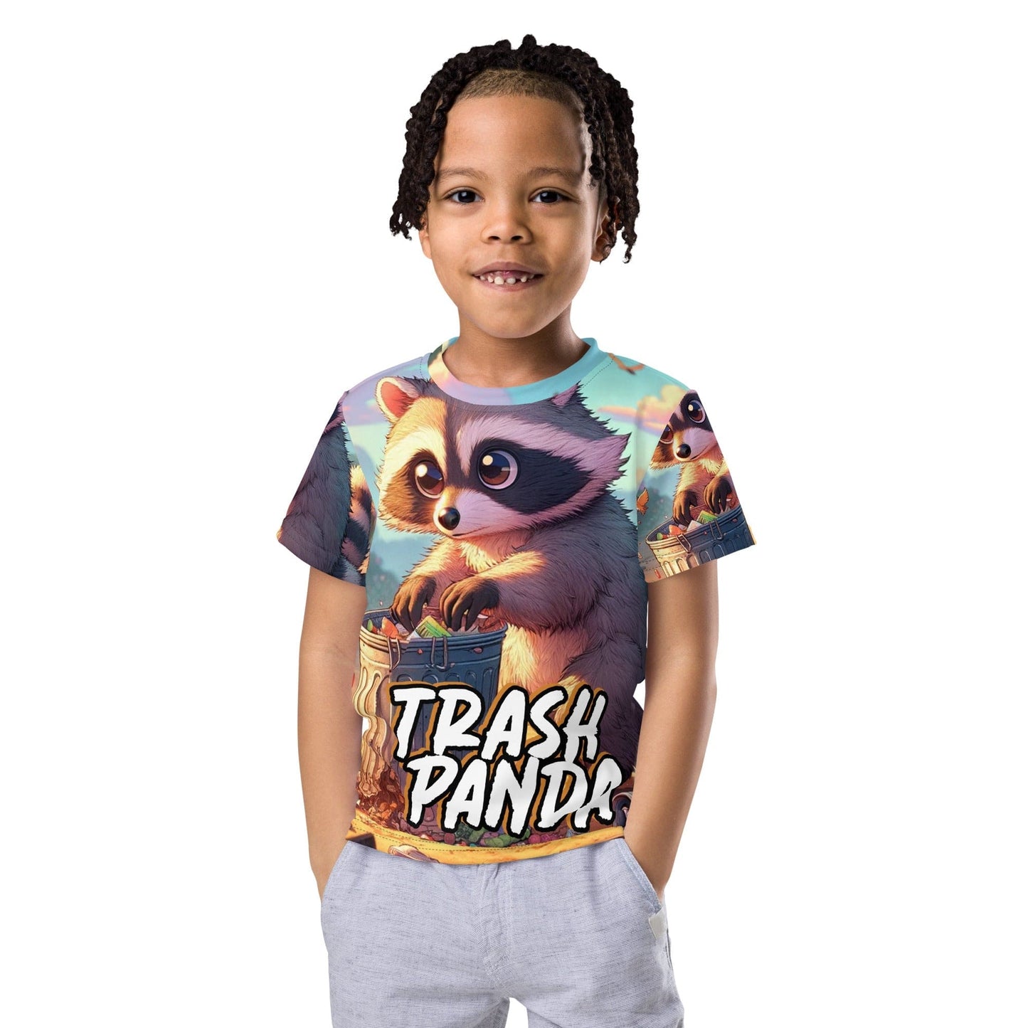 "Cute Kawaii Trash Panda: Kids' Funny 'Raccoon Scavenger' Crew Neck T-Shirt" - AIBUYDESIGN