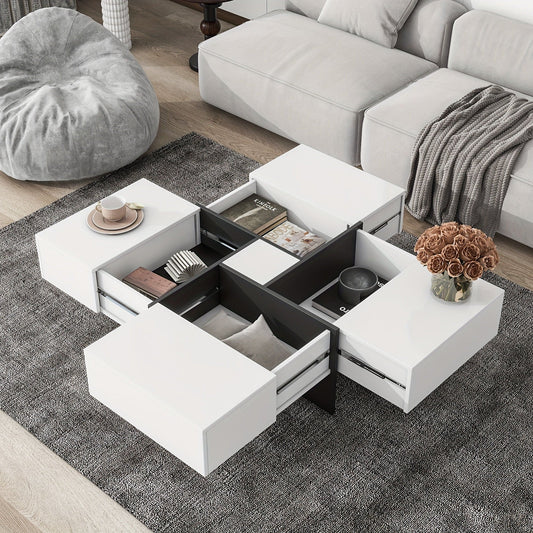 1pc Unique Design Coffee Table, With 4 Hidden Storage Compartments, Square Cocktail Table With Extendable Sliding Tabletop, UV High-gloss Design Center Table, For Living Room