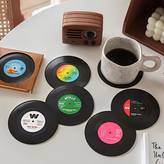 6pcs Vintage Record Style Coasters, Bar Dining Mats, Silicone Coasters, Coffee Coasters, Anti Slip Insulation Mats, Suitable For Cafe Restaurant