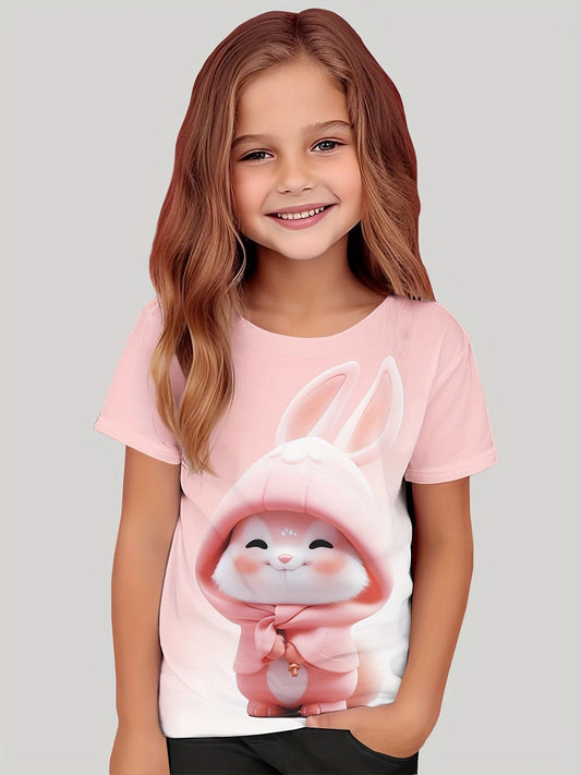 Toddler Kid Girls Cute 3D Rabbit Print T-shirt Short Sleeve Crew Neck Trendy Comfy Tops