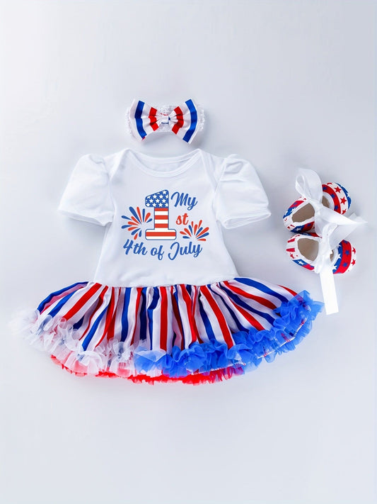 Baby Girls Cute "My 1st 4th Of July" Short Sleeve Mesh Onesie Dress & Headband & Shoes Set Clothes For Independence Day