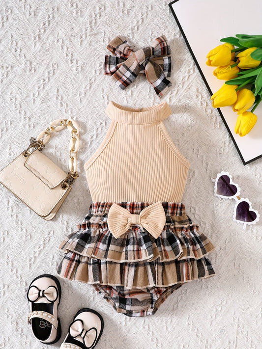 Baby's Stylish Suit Halter Top & Layered Plaid Skirt & Headband Set