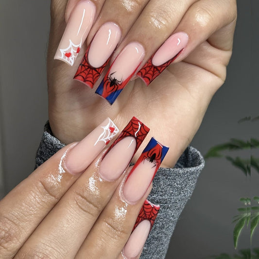 24Pcs/Set Coffin Press On Nails Long Ballerina Fake Nails With Spider And Spider Web Design Glossy Red Love Glue On Nails Red French Artificial Acrylic Nails Stick On False Nails, Jelly Glue And Nail File Included