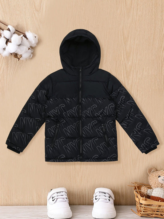 SOLOMATE Boy's Letter Graphic Zipper Up Hooded Coat Warm Cotton-padded Jacket For Fall Winter