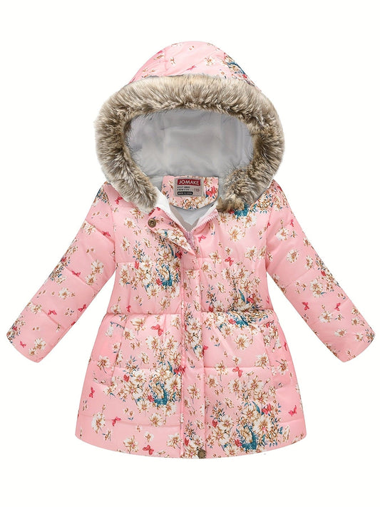 Children's Girls Puffer Coat Flowers Print Zipper Hooded Fleece Warm Jacket Winter Kids Clothes