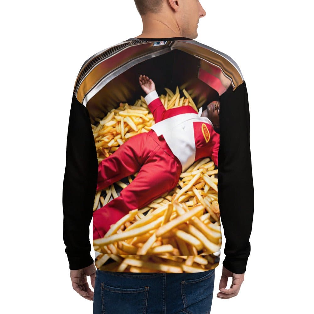 "Deep-Fried Dreams: Men's Funny Guy Passed Out in the Fry Machine Pattern Long-Sleeved Sweatshirt" - AIBUYDESIGN